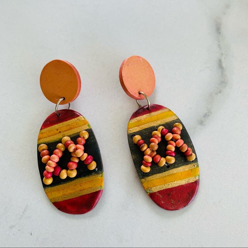 Bohemian ?Wood Coconut Shell?  Earrings Pink Red Southwest Post